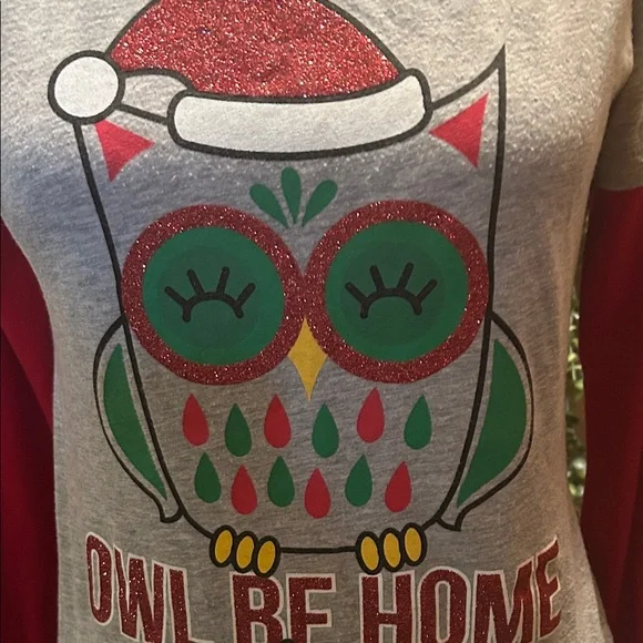 Festive Owl Christmas Sweater - Gray and Red - Picture 2 of 2